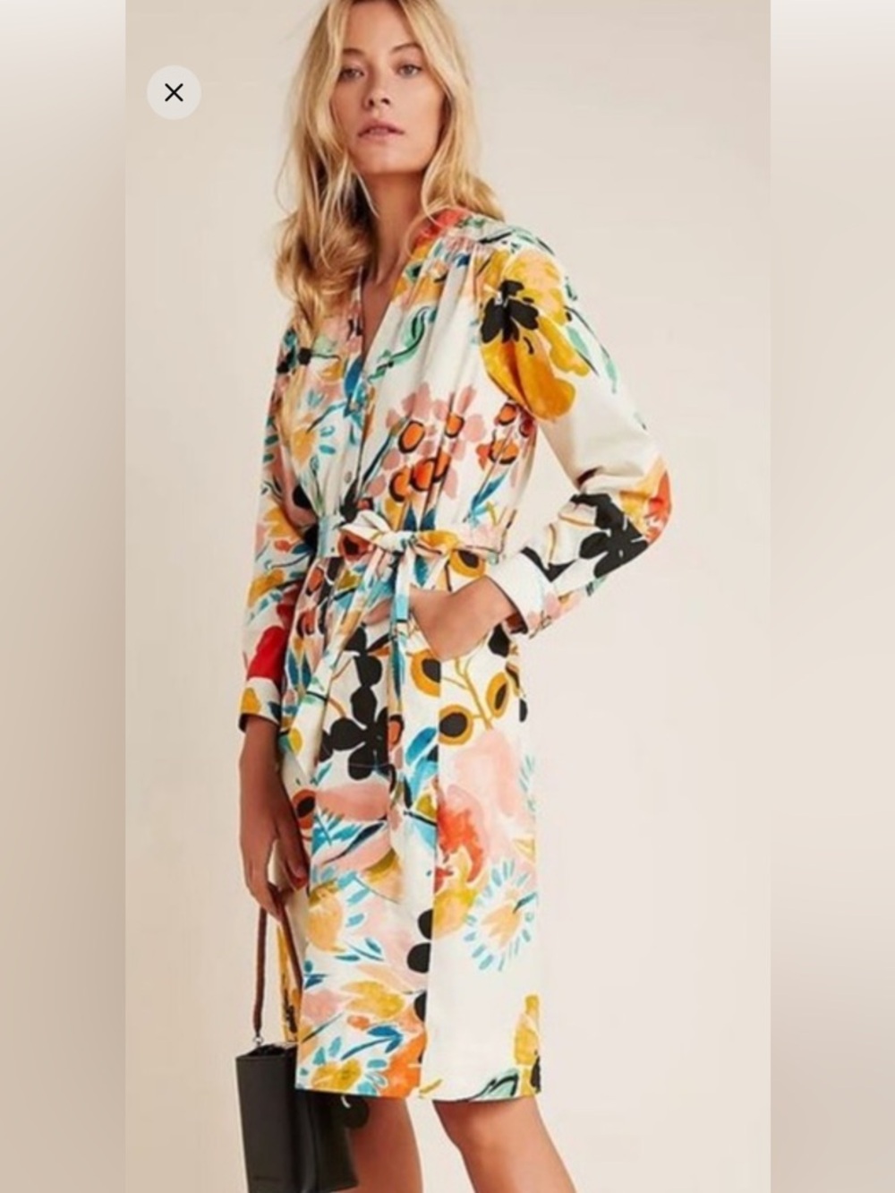 Anthropologie Painterly Floral Shirt Dress Belted Button Front Boho size S